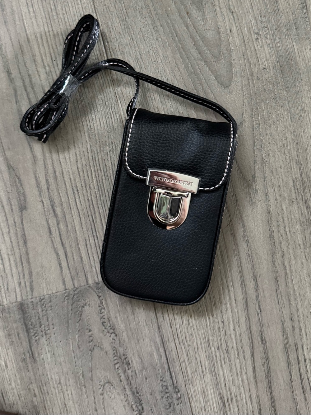 Victoria's Secret Black Leather Crossbody Phone Pouch with Silver Hardware